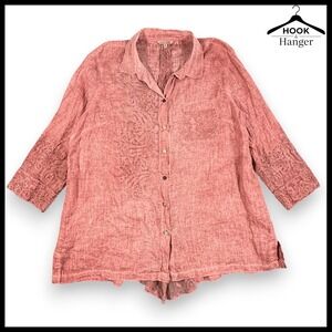 JOHN MARK Women XL Linen Embroidered Lace Button Down Shirt Pink Lagenlook Flowy